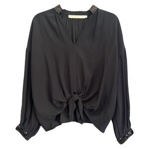 Marie Oliver Sequin Trimmed Blouse XS Black Tie Waist Billowy Dark Romantic Top